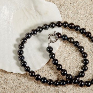 天然黑色淡水珍珠項鍊 8–9mm 銀色航海扣 時尚優雅 新年禮物