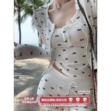 韓系純欲少女蝴蝶結印花吊帶睡衣女春夏季新款家居外套短褲三件套