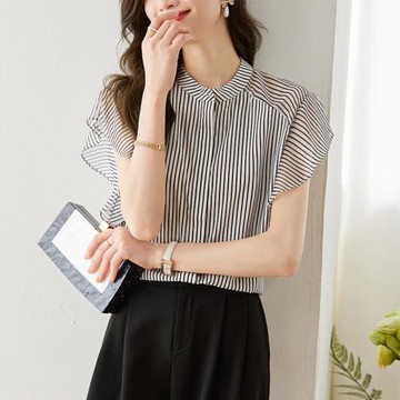 氣質條紋雪紡衫短袖上衣女2023夏款新款設計感小眾通勤襯衣小衫