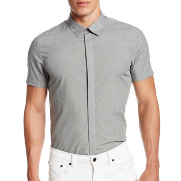 美國百分百【全新真品】Calvin Klein 襯衫 CK 男衣 短袖 灰色 格紋 休閒 合身 上衣 S M號 E200
