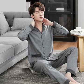 芬騰可安睡衣春秋款純棉長袖翻領開衫家居服男士簡約大碼全棉套裝