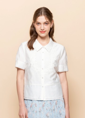 日式溫雅花片拼接短袖襯衫