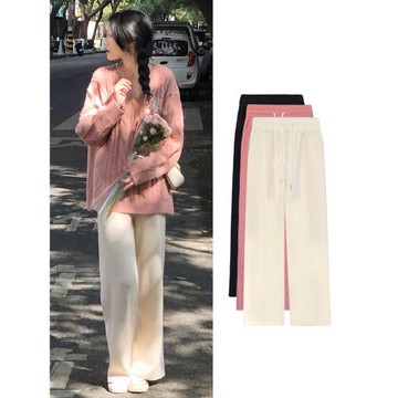 白色針織闊腿褲子女秋冬季2025年新款寬松直筒加厚加絨休閑直筒褲