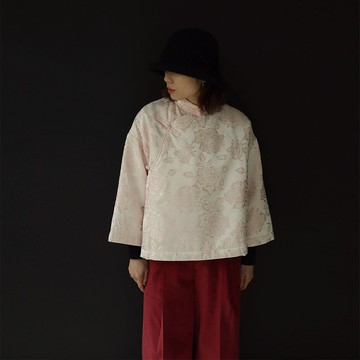 中國風 緞面玫瑰提花 中式棉衣 立領七分袖 進口面料