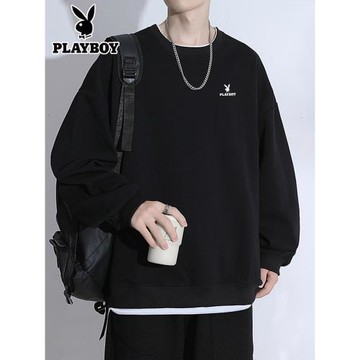 花花公子春季衛衣男寬松假兩件長袖上衣青年重磅圓領套頭運動服男