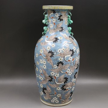 清康熙藍地皮粉彩百鶴紋獅耳瓶仿古老貨家居瓷器擺件古董古玩收藏