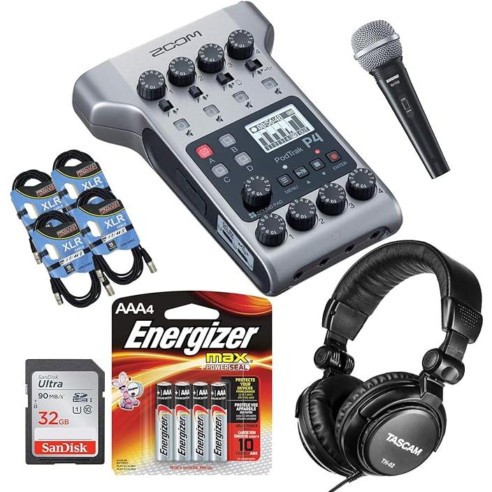 Zoom PodTrak P4 Portable Multitrack, SD Card 32GB, Energizer AA Batteries Pack, SV100 Mic, Tascam TH02, (4) XLR Cables Bundle