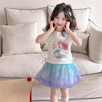 ❤️百搭童裙❤️女童美人魚公主套裝夏季新款兒童網紗花苞裙子寶寶短袖T恤兩件套 VLVL