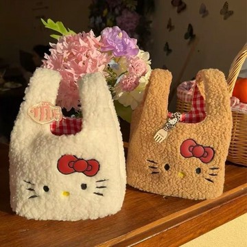 Kitty手提包🎀 可愛秋冬凱蒂貓羊羔絨手腕包卡通上班通勤手拿包 收納包 手拎包 凱蒂貓包包 毛絨包包 可愛包包 通勤包