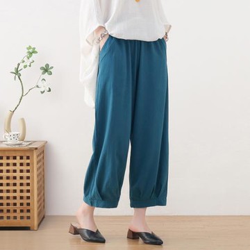 25春季新款文藝復古小清新棉麻收口寬松褲女舒適束腳褲九分闊腿褲