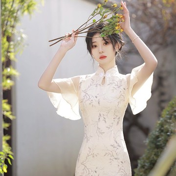 旗袍2022年新款茶服女夏飛袖小子短款年輕款少女茶藝服裝連衣裙