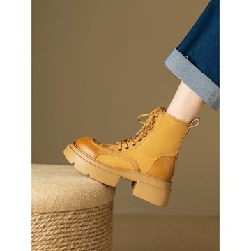 厚底小個子大黃靴女2024秋季新款真皮防風戶外工裝靴短靴機車靴
