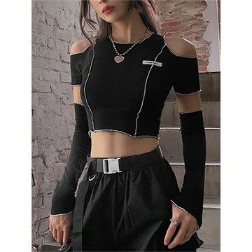 露肩t恤女甜酷風爵士舞蹈小眾設計感短款辣妹jazz上衣女團打歌服