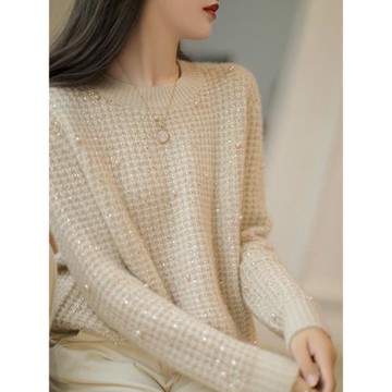 歐貨時尚重工釘珠鑲鉆毛衣女秋冬慵懶風寬松顯瘦羊絨針織衫上衣