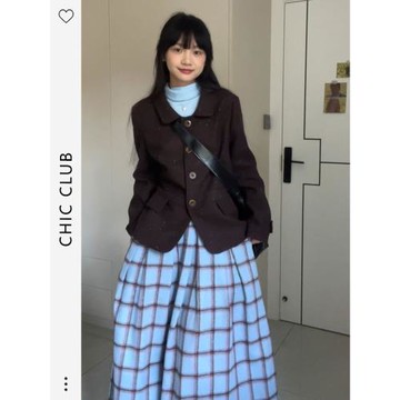 小眾氣質復古藍色格子百褶半身裙女秋冬小個子今年流行的漂亮裙子