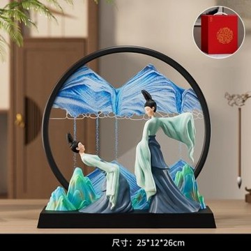 只此青綠 仕女流沙畫擺件 高級感 伴手禮 紀念品禮物 藝術擺件 圓框流沙畫擺飾