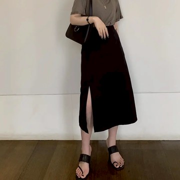 Chubchic大碼女裝 S-5XL 胖mm側開叉黑色半身裙 韓版顯瘦遮胯高腰中長款 A字裙 大碼開叉半身裙