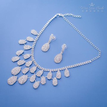 簡約款銀色爪鉆套裝耳環項鏈結婚禮服宴會派對配飾網紅項鏈首飾品