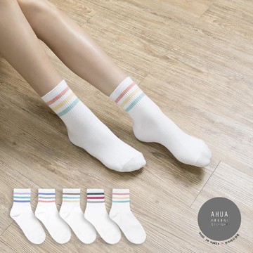 韓國粉嫩三條紋中筒襪-多色任選