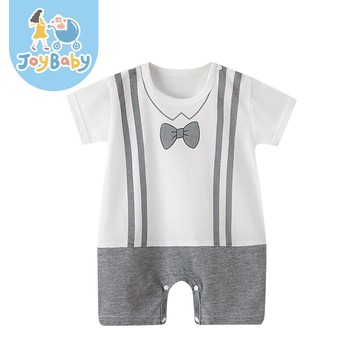 JOYBABY 春夏童裝 短袖包屁衣 卡通肩扣薄款連身衣 灰色領結