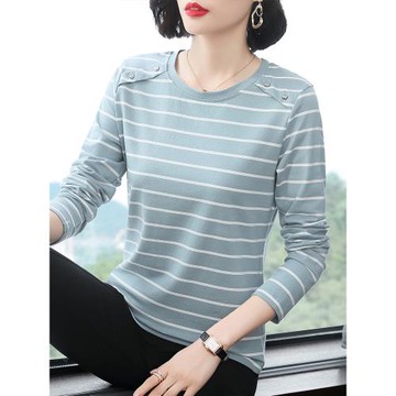 純棉打底衫長袖T恤女式春秋2024年新款中年媽媽條紋寬松洋氣上衣
