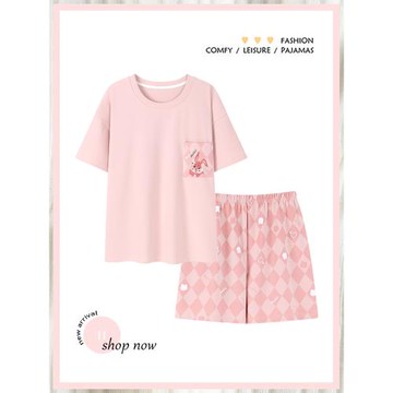 浪莎純棉睡衣女夏季圓領短袖短褲大碼甜美女士休閑寬松家居服套裝