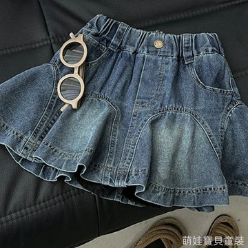 【甜美風】女童牛仔短裙夏季新款儿童荷叶边牛仔半身裙 韩版中大童半身裙 女童洋气鱼尾裙 女童短裙 女童洋装 儿童松紧腰裙子
