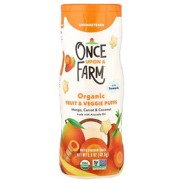Once Upon A Farm, 有機水果和蔬菜泡芙，爬蟲、芒果、胡蘿卜和椰子與姜黃，無糖，1.5 盎司（42.5 克）