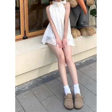 （電子發票/時尚單品連身短裙）台灣出貨/春夏甜美慵懶純欲風辣妹蝴蝶結波點掛脖上衣/夏季法式起司甜心溫柔風無袖系帶背心裙