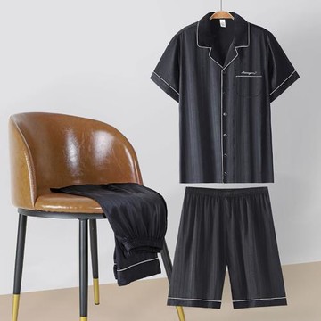 中老年睡衣男夏季冰絲涼感短袖絲綢薄款送爸爸禮盒家居服三件套裝