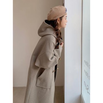 學院風寬松牛角扣連帽毛呢外套女中長款2025秋冬新款繭型呢子大衣