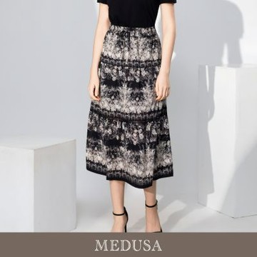 現貨【MEDUSA 曼度莎】浪漫黑白印花層次蛋糕長裙（M-XL）｜層次長裙 雪紡長裙 鬆緊腰