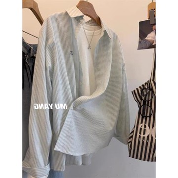 韓國櫻桃刺繡豎條紋長袖襯衫女夏薄款休閑百搭襯衣獨特超好看上衣