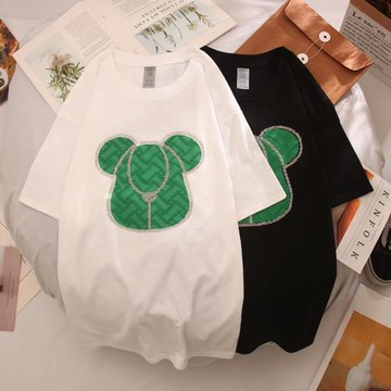 LAFLOF/勞夫洛夫2025春夏情侶裝燙鉆休閑大碼寬松植絨小熊短袖t恤