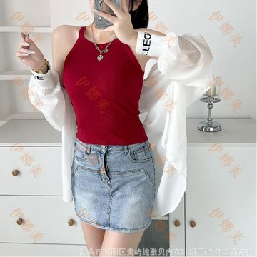 【臺灣出貨👙】春夏掛脖無袖小吊帶背心帶胸墊辣妹內搭可外穿工字背上衣夏季露背【伊娜美】