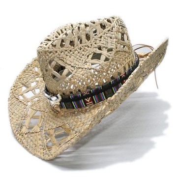 春夏秋牛頭皮帶復古透氣休閑百搭戶外大檐防曬遮陽西部牛仔草帽子