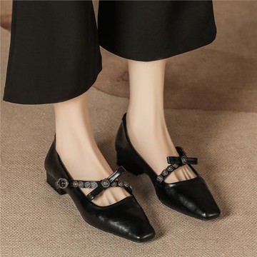 H8563-9單鞋女蝴蝶結一字帶扣粗跟瑪麗珍通勤氣質女鞋方頭復古