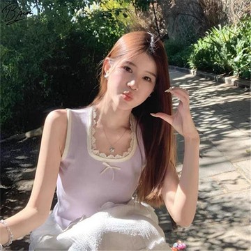 背心女 辣妹裝 內搭背心 打底上衣甜美方領蕾絲拼接外穿針織小背心女2025夏季修身無袖內搭花邊上衣3/11