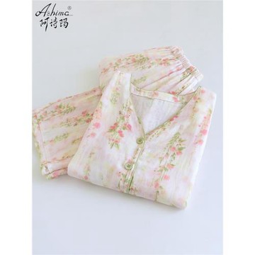 雙層紗睡衣女款秋春純棉布料100全棉甜美粉色藤花長袖家居服夏季