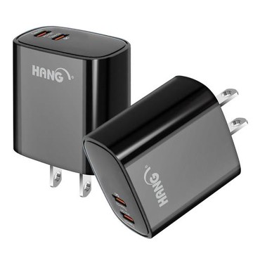 HANG 22W PD+QC 雙Type C 快充充電器黑+MyStyle 二出三 6用型快充線-白