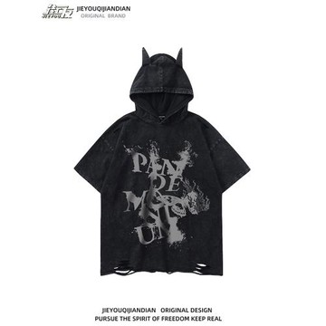 原創美式潮牌街頭暗黑系連帽破洞T恤男女洗水做舊短袖寬松情侶裝
