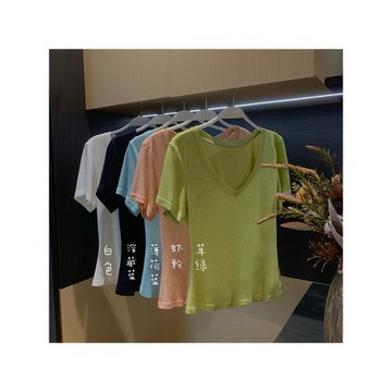 XINYI【真絲T】夏季V領天絲桑蠶絲短袖T恤女夏百搭純色上衣