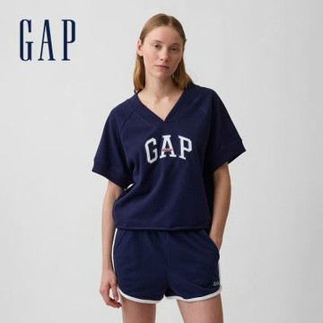 【GAP】法式毛圈布寬鬆版Gap Logo V領大學T-海軍藍(897957)