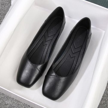 軟皮軟底工作鞋女黑色平底鞋舒適久站不累腳上班職業方頭女單鞋
