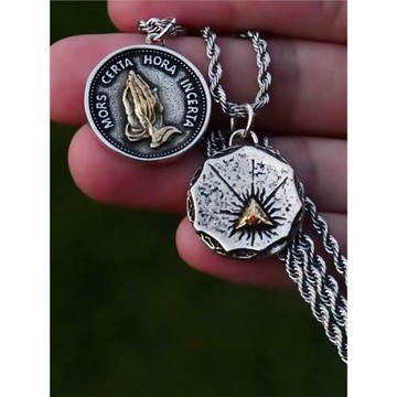 歐美風雙色禱告手掌項鏈上帝之眼錢幣吊墜麻花鏈男女潮流時尚掛件