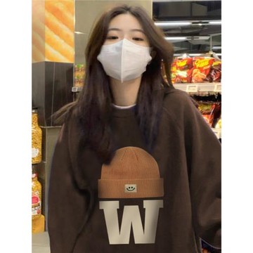 300斤大碼女裝2025秋冬新款胖妹妹200寬松印花慵懶風加絨衛衣上衣