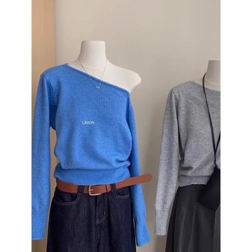 淺藍色斜肩長袖針織女秋冬季浙江普苑毛衣桐鄉高端嘉興濮院羊毛衫