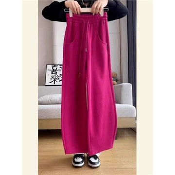 多巴胺穿搭小個子加絨加厚闊腿褲高腰顯瘦火龍果色休閑衛褲女秋冬