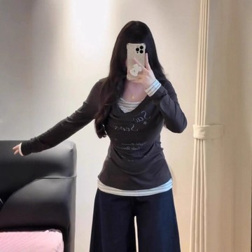 不規則修身上衣 內搭 長袖T恤 上衣 假兩件長袖T恤女內搭修身不規則上衣 大尺碼服飾 平價女裝 韓版女裝