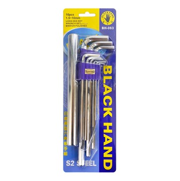 黑手牌 白金 鏡面 特長型 六角板手組 BH-063 特長六角板手組 9支組 附延長施力桿 台灣製造 六角扳手